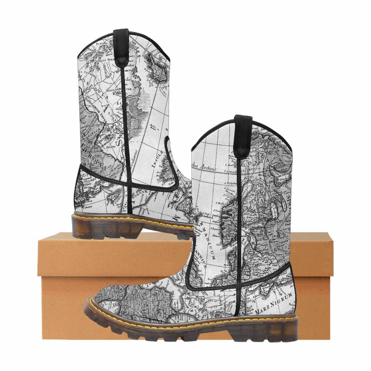 Antique Map design mens western lumber boots, Design 41