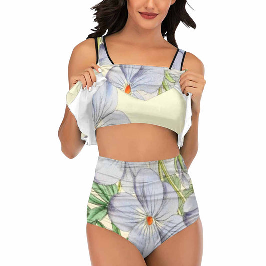 Vintage floral high waisted flounce top bikini, swim wear, Design 13
