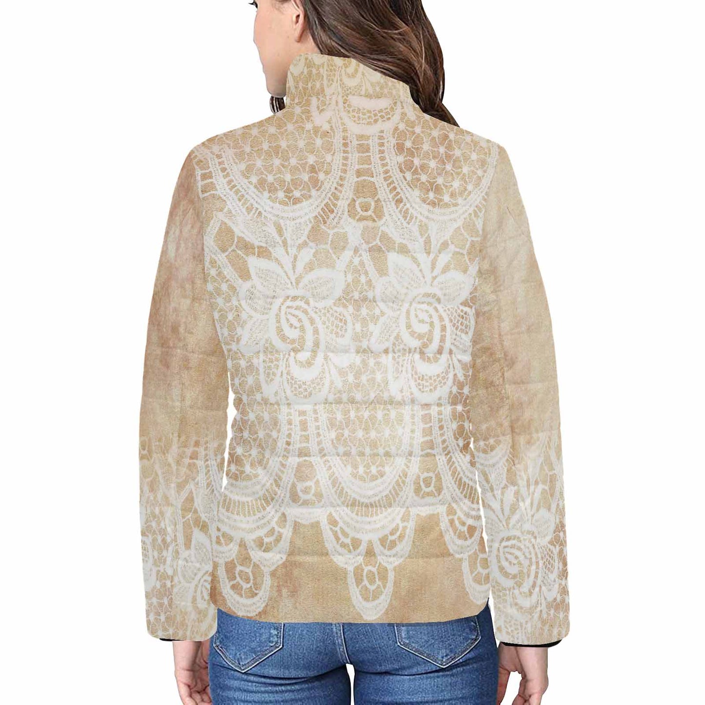 Victorian Lace print womens padded quilted jacket, design 30