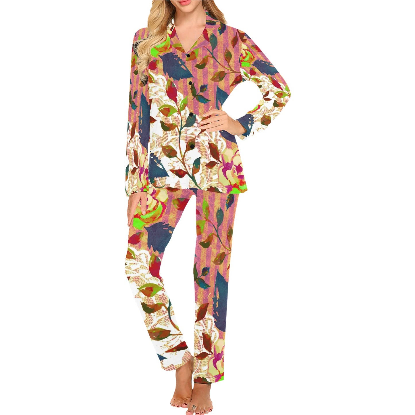 Victorian printed lace pajama set, design 22 Women's Long Pajama Set (Sets 02)