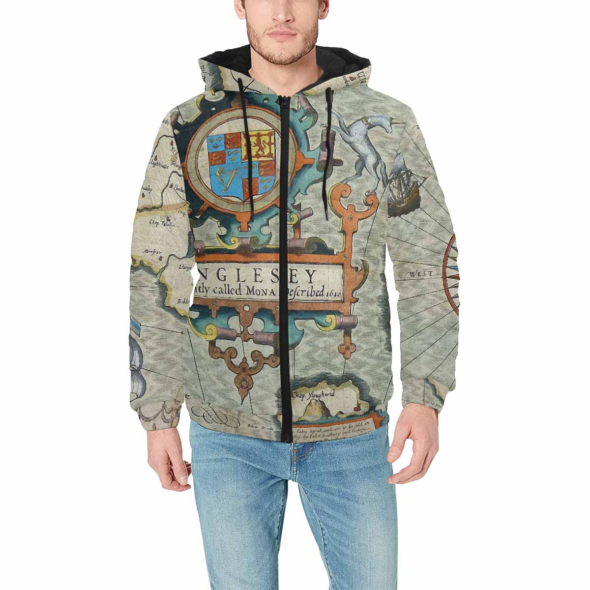 Antique Map design, mens lightweight, warm, quilted hooded bomber jacket, design, 13
