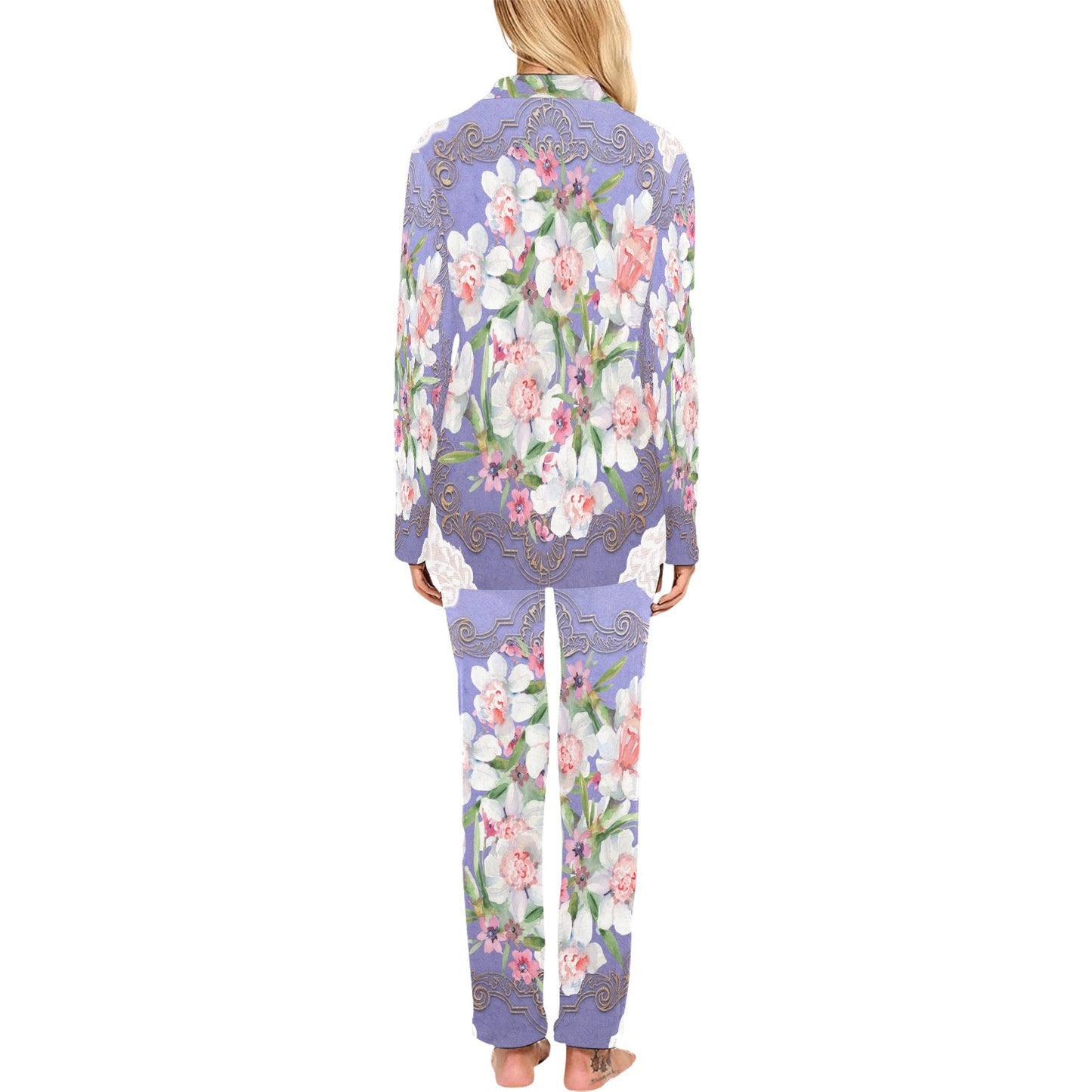 Victorian printed lace pajama set, design 47 Women's Long Pajama Set (Sets 02)