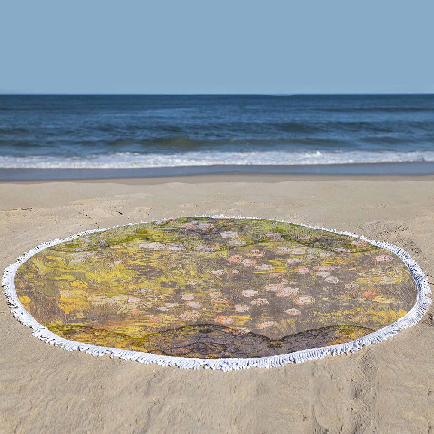Vintage Floral circular plush beach towel, fringe edges, Design 05x