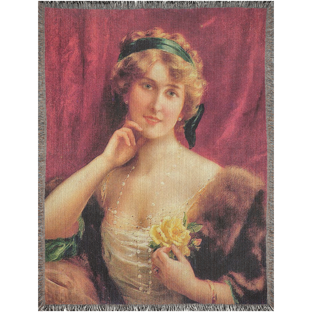 100% cotton Victorian Lady design design woven blanket, 50 x 60 or 60 x 80in, Elegant Lady with a YELLOW Roses