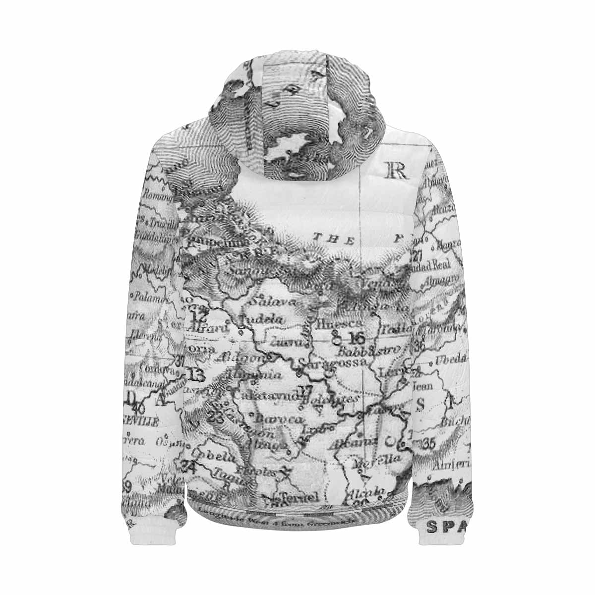 Antique Map design, mens lightweight, warm, quilted hooded bomber jacket, design, 14