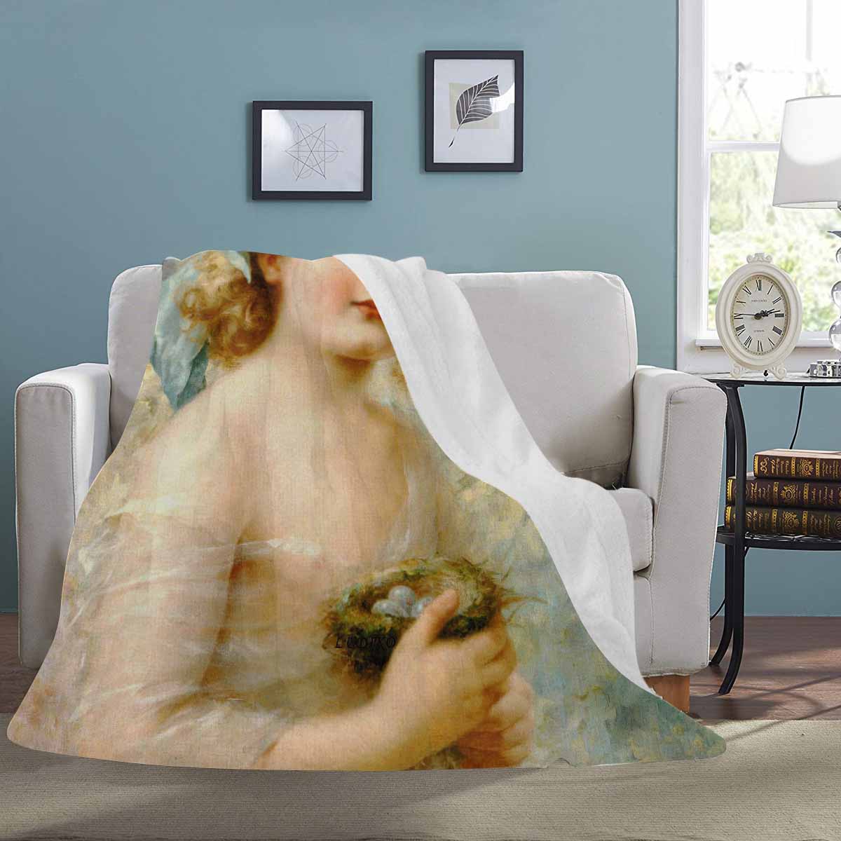 Victorian Girl Design BLANKET, LARGE 60 in x 80 in, Girl Holding a Nest C30