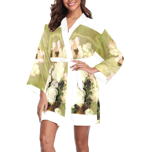 Vintage Floral Kimono Robe, Black or White Trim, Sizes XS to 2XL, Design 35