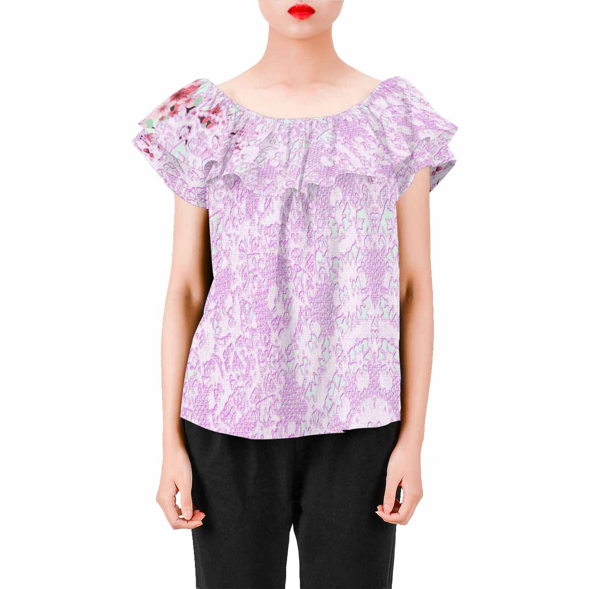 Victorian Lace print Chiffon Blouse, design 09