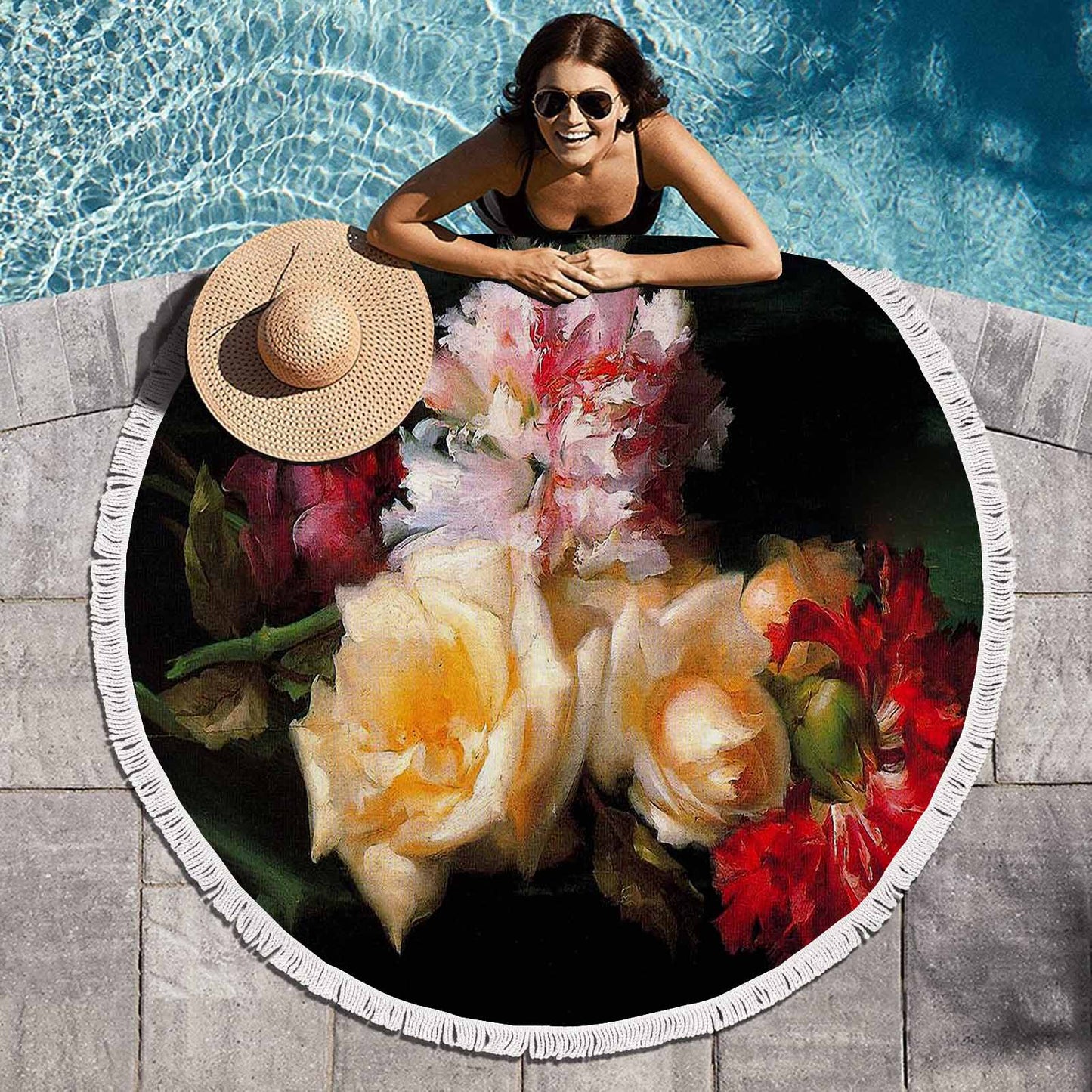 Vintage Floral circular plush beach towel, fringe edges, Design 30