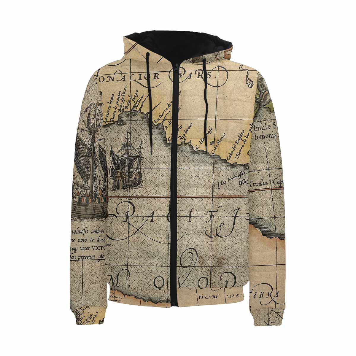 Antique Map design, mens lightweight, warm, quilted hooded bomber jacket, design, 46