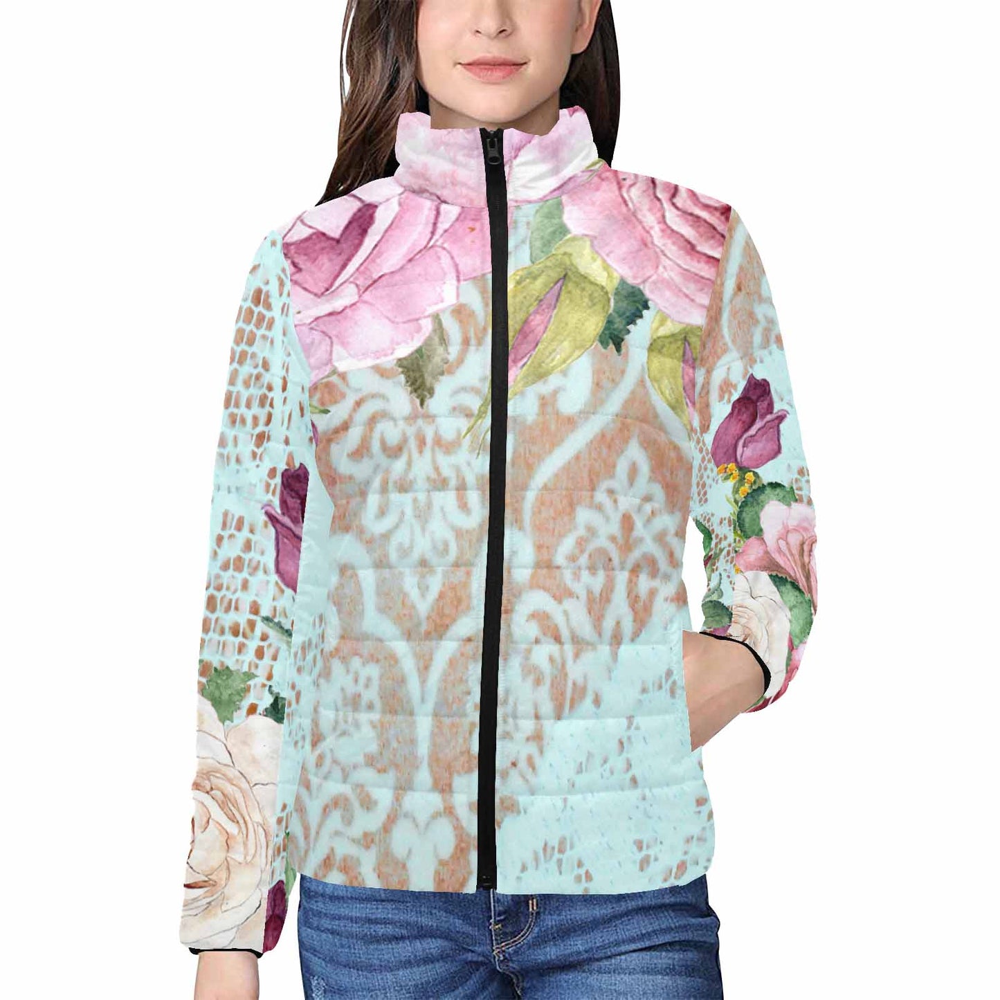 Victorian Lace print womens padded quilted jacket, design 24