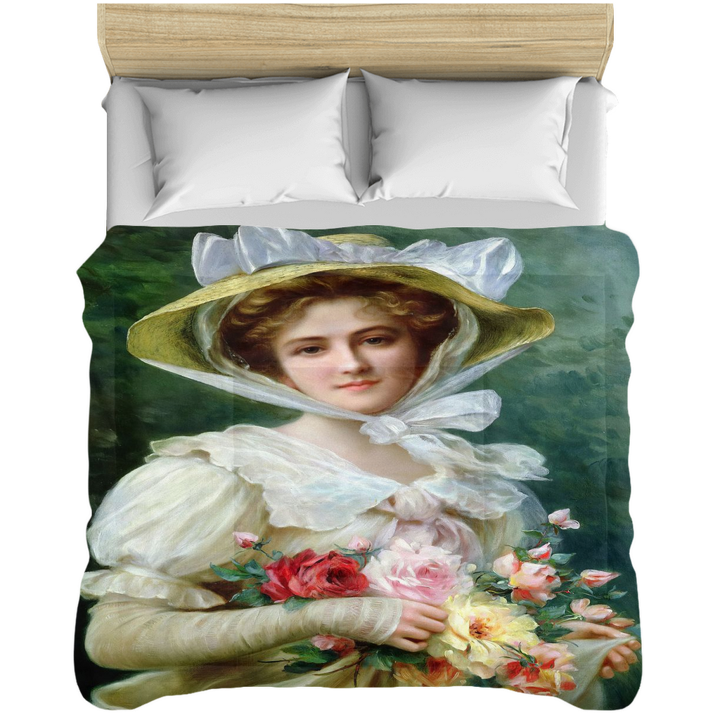 Victorian lady design comforter, twin, twin XL, queen or king, Elegant Lady with a Bouquet of Roses 1