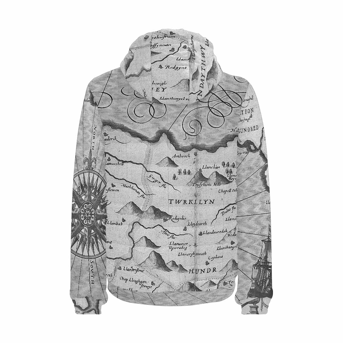 Antique Map design, mens lightweight, warm, quilted hooded bomber jacket, design, 11