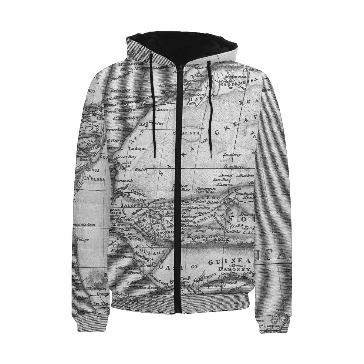 Antique Map design, mens lightweight, warm, quilted hooded bomber jacket, design, 2
