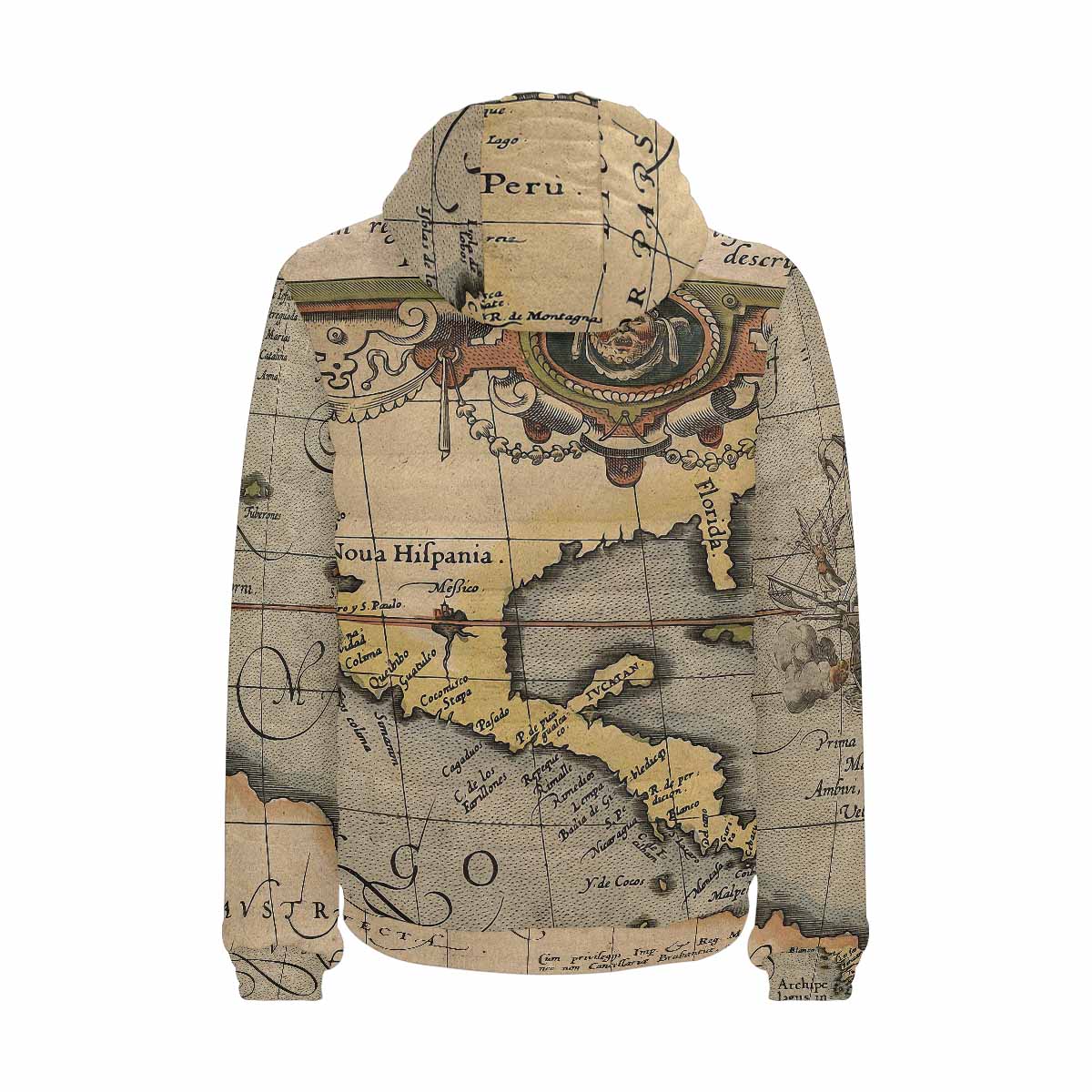 Antique Map design, mens lightweight, warm, quilted hooded bomber jacket, design, 46