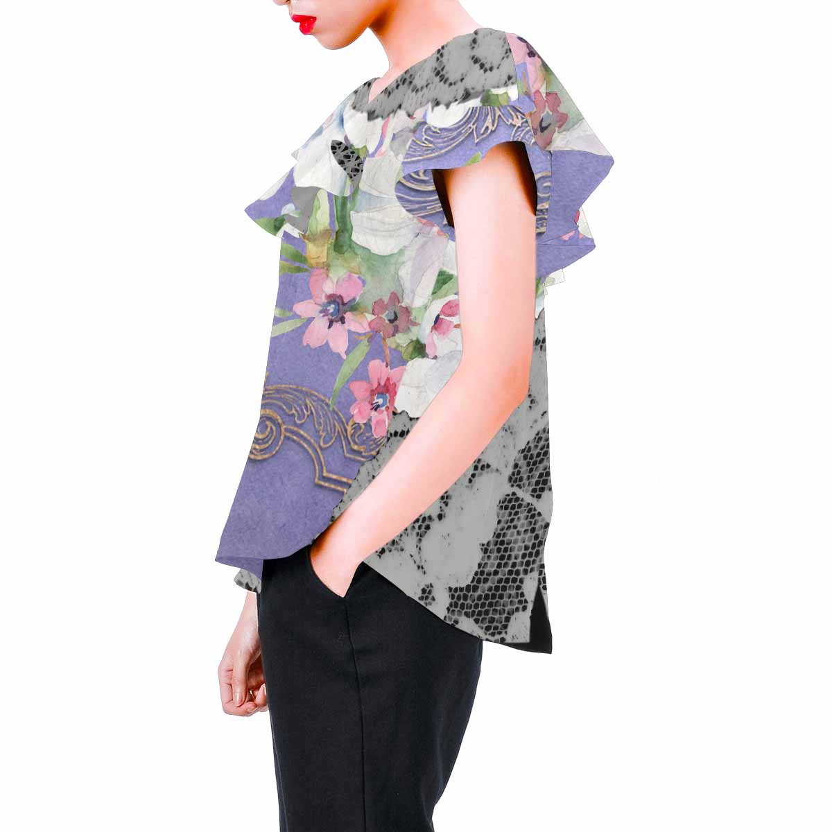 Victorian Lace print Chiffon Blouse, design 45