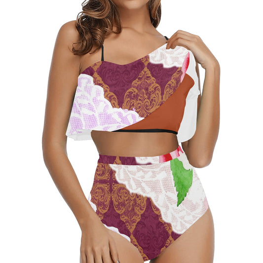 Flounce & Ruffle Bikini swimwear, Printed Victorian lace, Design 19 High Waisted Ruffle Bikini Set-A/B (Model SO3)