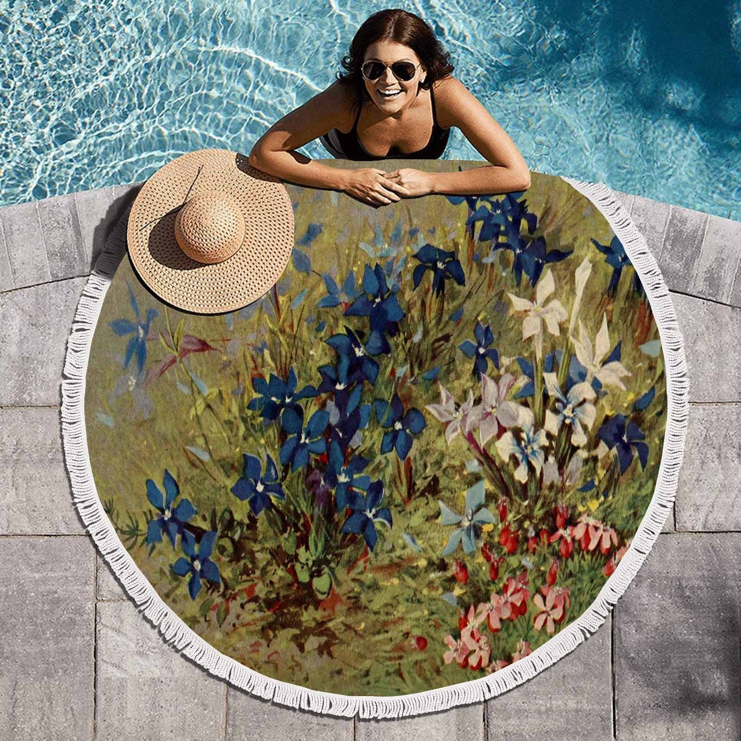 Vintage Floral circular plush beach towel, fringe edges, Design 39
