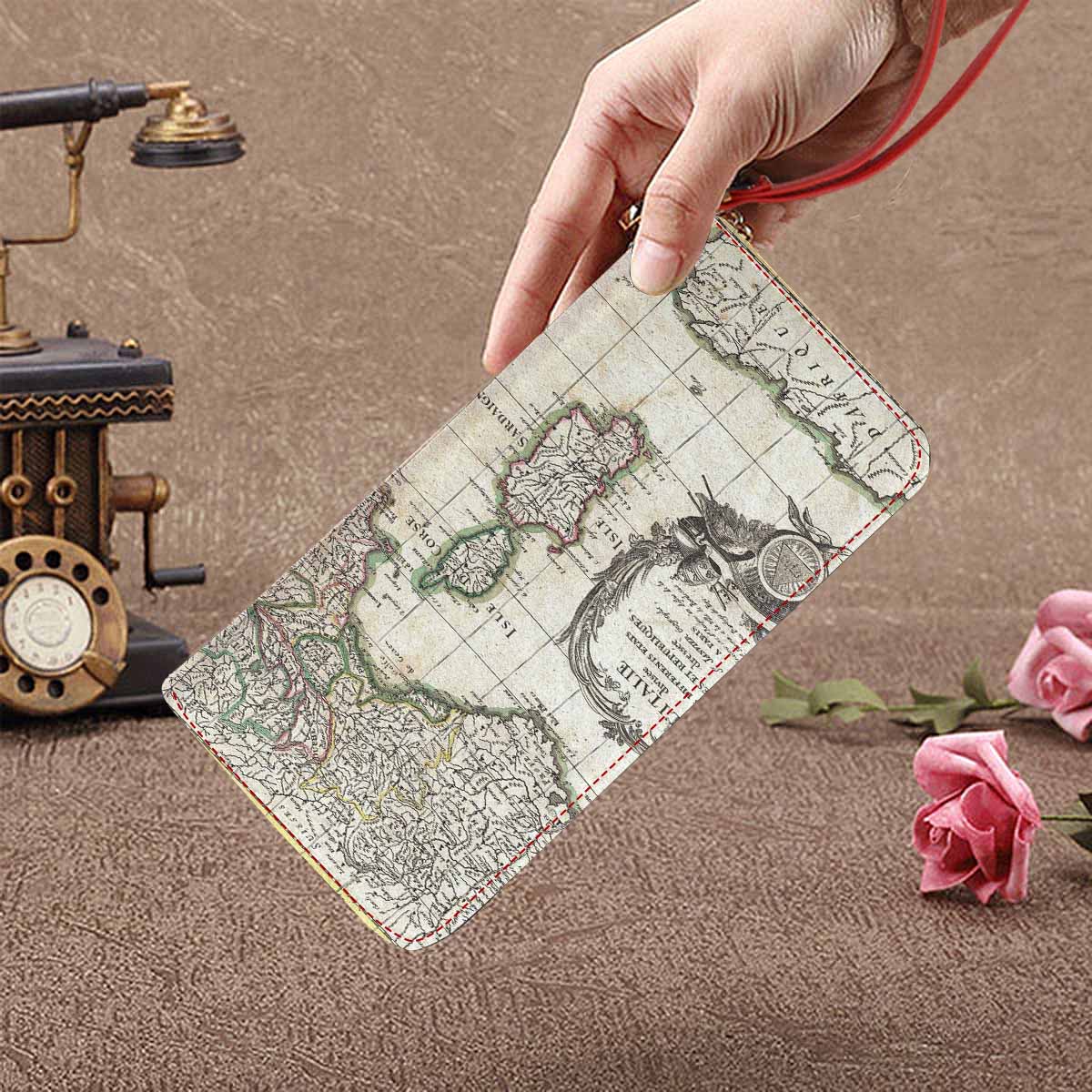 Antique Map design , womens wallet, clutch purse, Red TrimDesign 6