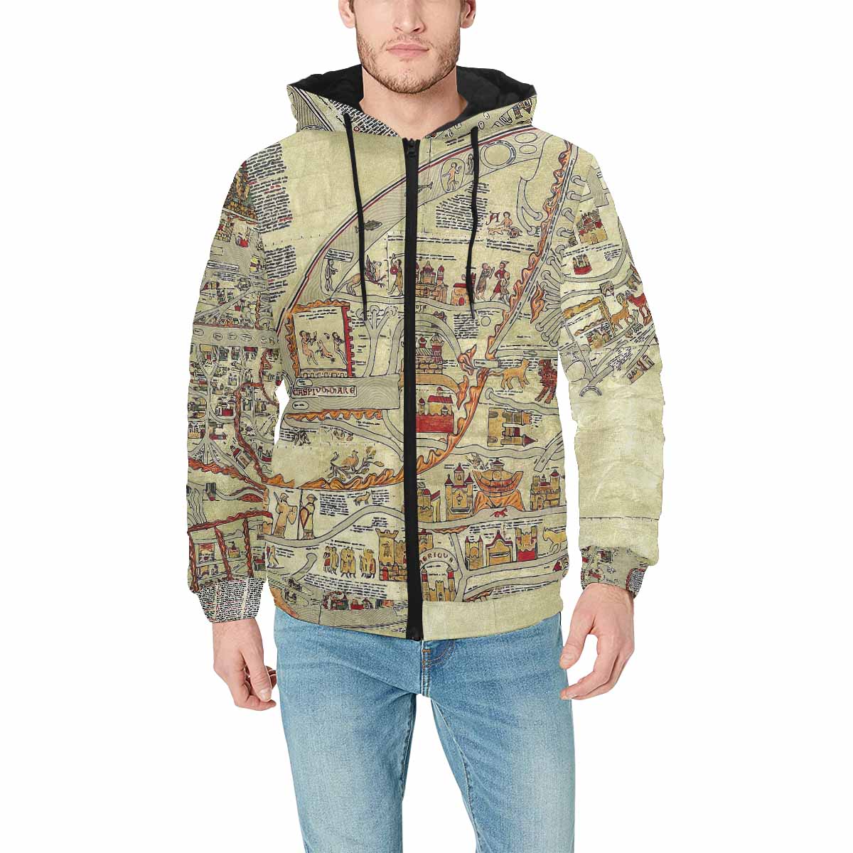 Antique Map design, mens lightweight, warm, quilted hooded bomber jacket, design, 27