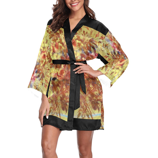 Vintage Floral Kimono Robe, Black or White Trim, Sizes XS to 2XL, Design 11
