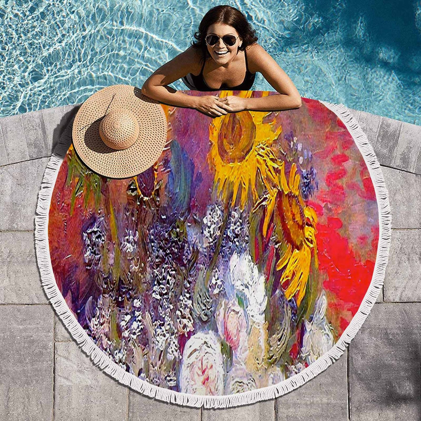 Vintage Floral circular plush beach towel, fringe edges, Design 54