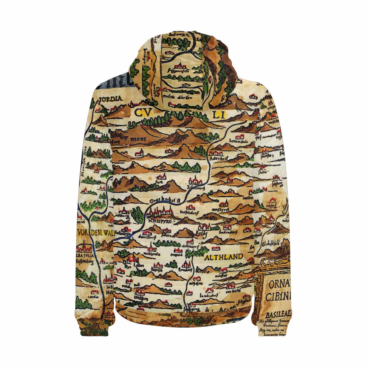 Antique Map design, mens lightweight, warm, quilted hooded bomber jacket, design, 48