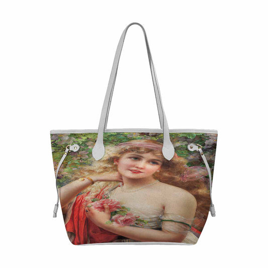 Victorian Lady Design Handbag, Model 1695361, Model 1695361, Young Lady With Roses, WHITE TRIM