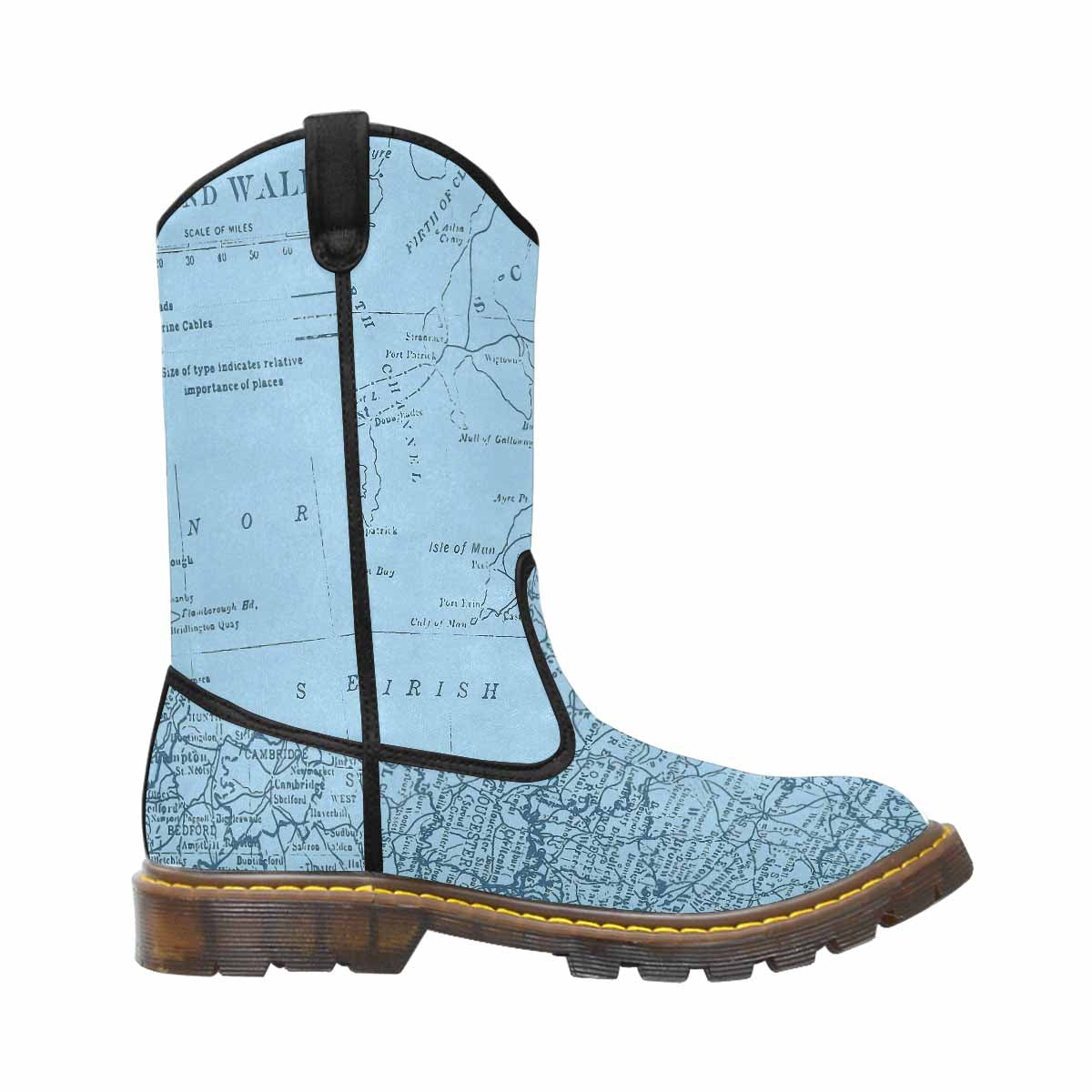 Antique Map design mens western lumber boots, Design 50