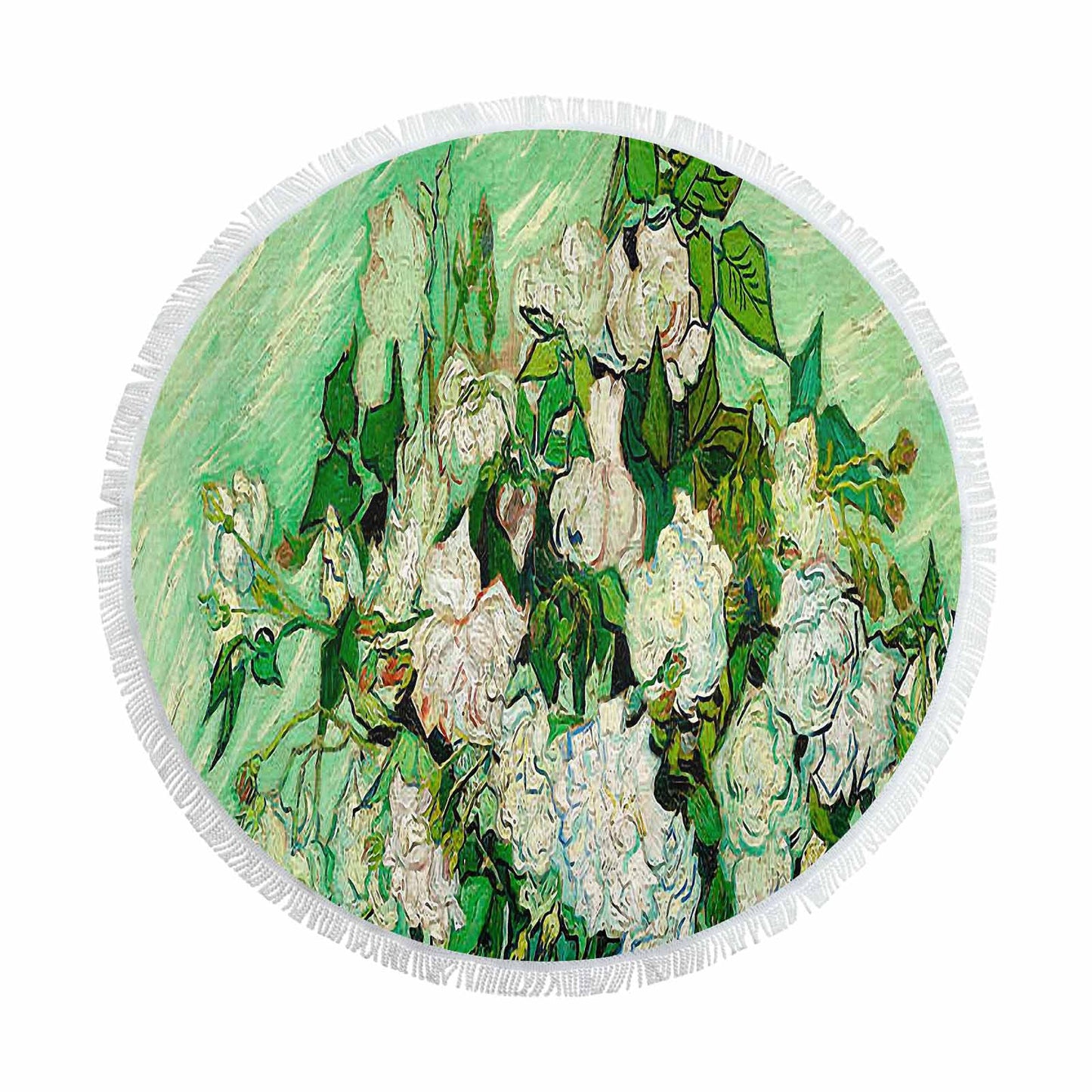 Vintage Floral circular plush beach towel, fringe edges, Design 45