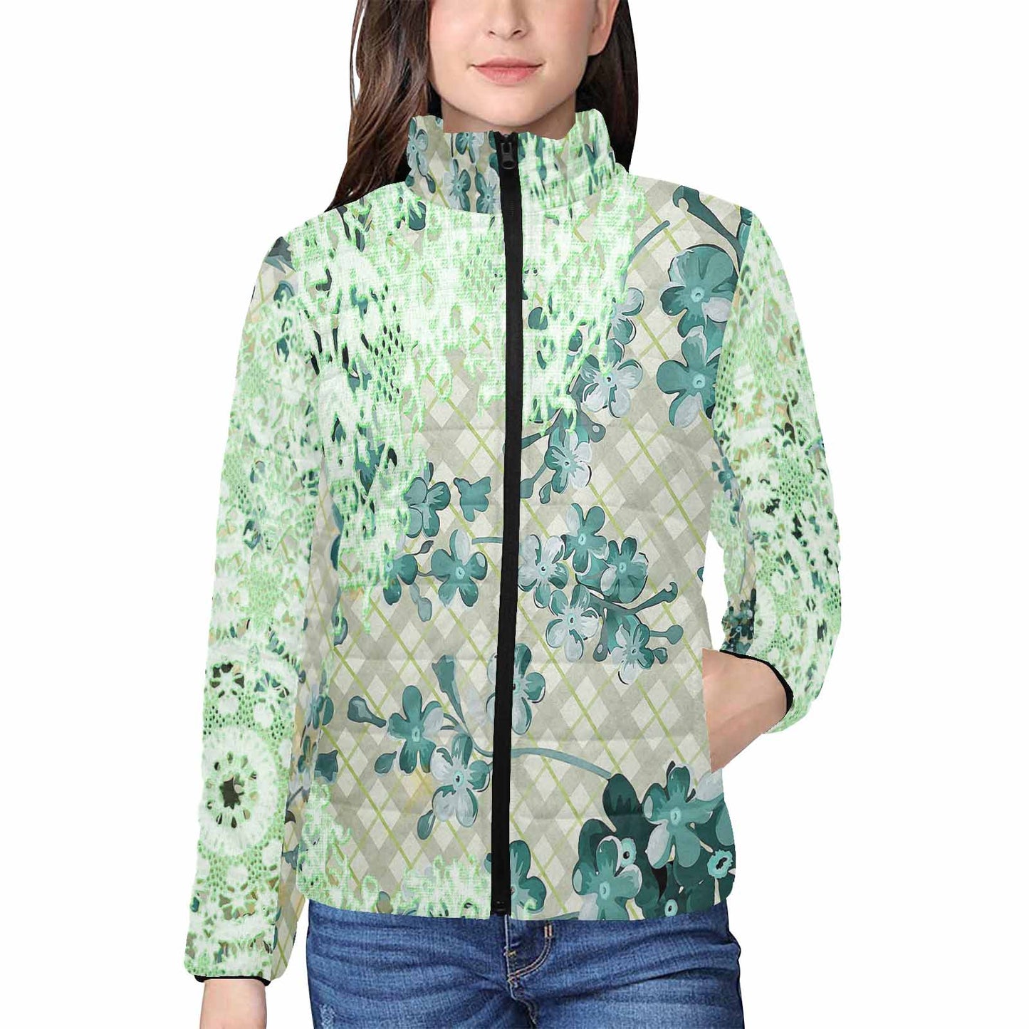 Victorian Lace print womens padded quilted jacket, design 53