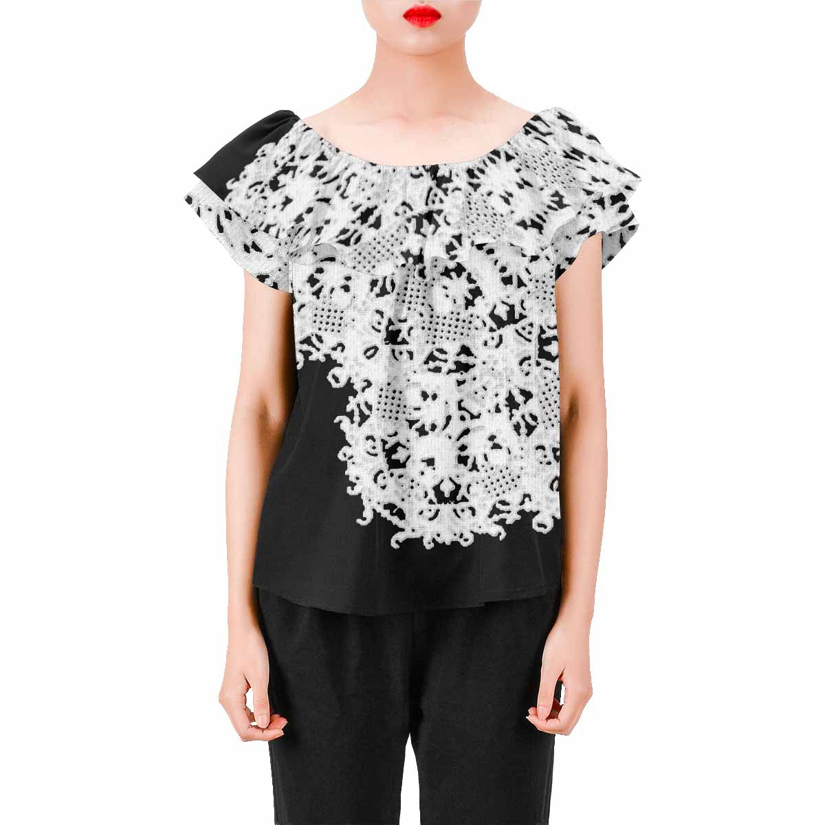 Victorian Lace print Chiffon Blouse, design 50