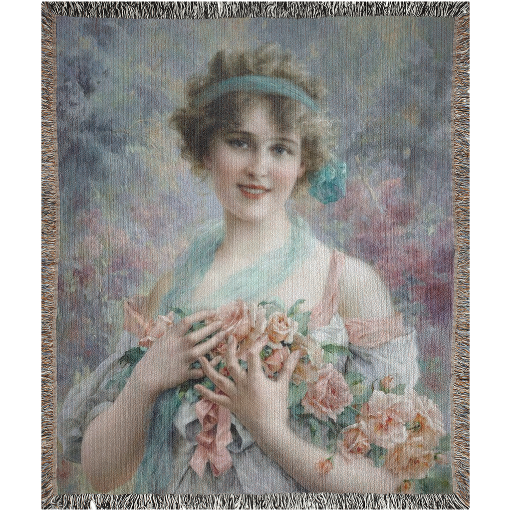 100% cotton Victorian Lady design design woven blanket, 50 x 60 or 60 x 80in, The Rose Girl