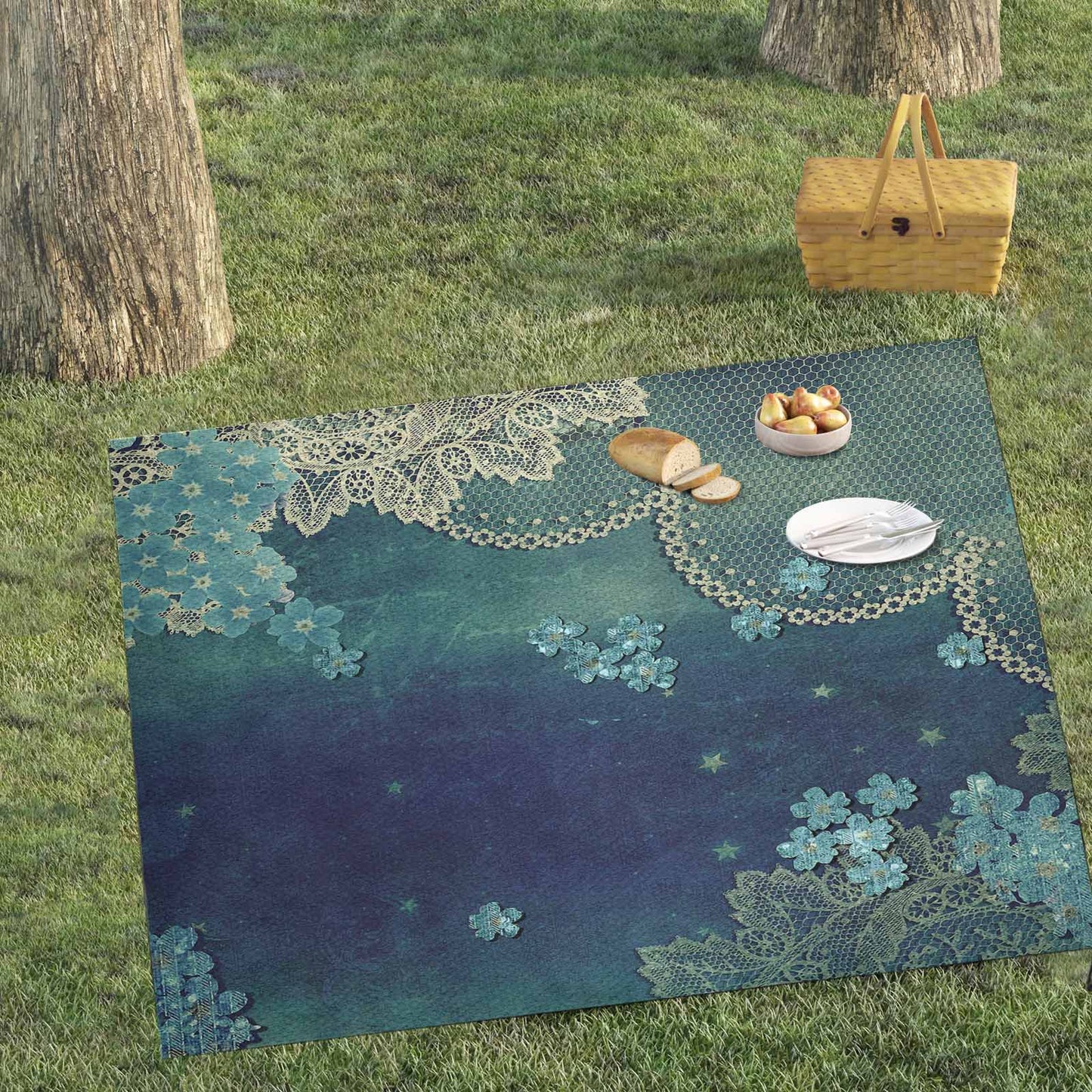 Victorian lace print waterproof picnic mat, 69 x 55in, design 04