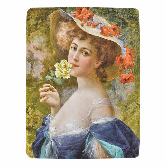 Victorian Lady Design BLANKET, LARGE 60 in x 80 in, Woman With Yellow Rose At Mouth