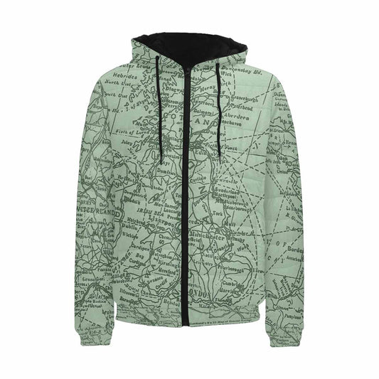 Antique Map design, mens lightweight, warm, quilted hooded bomber jacket, design, 52