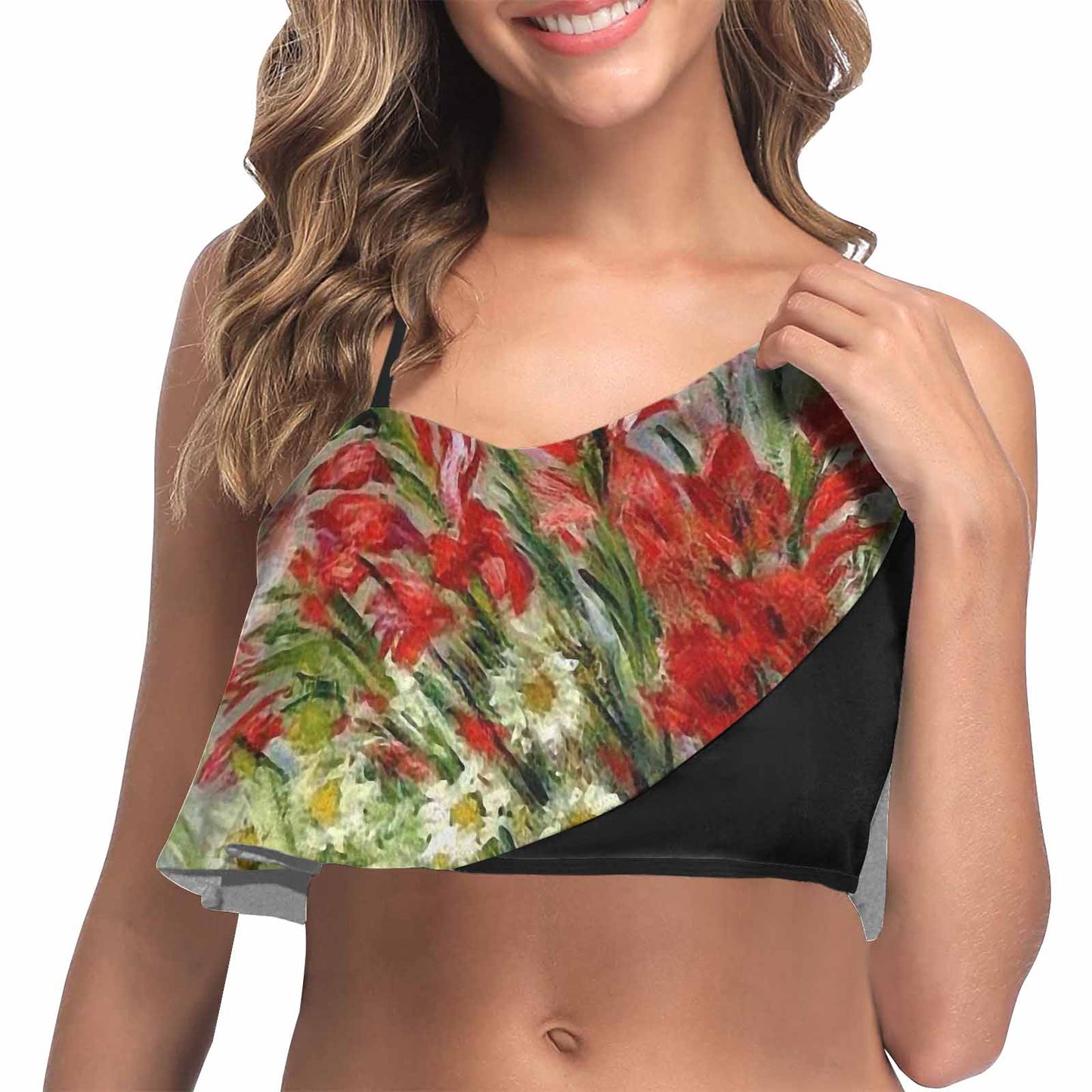 Vintage floral flounce bikini top, Design 43   Ruffle Bikini Top (ModelS13)