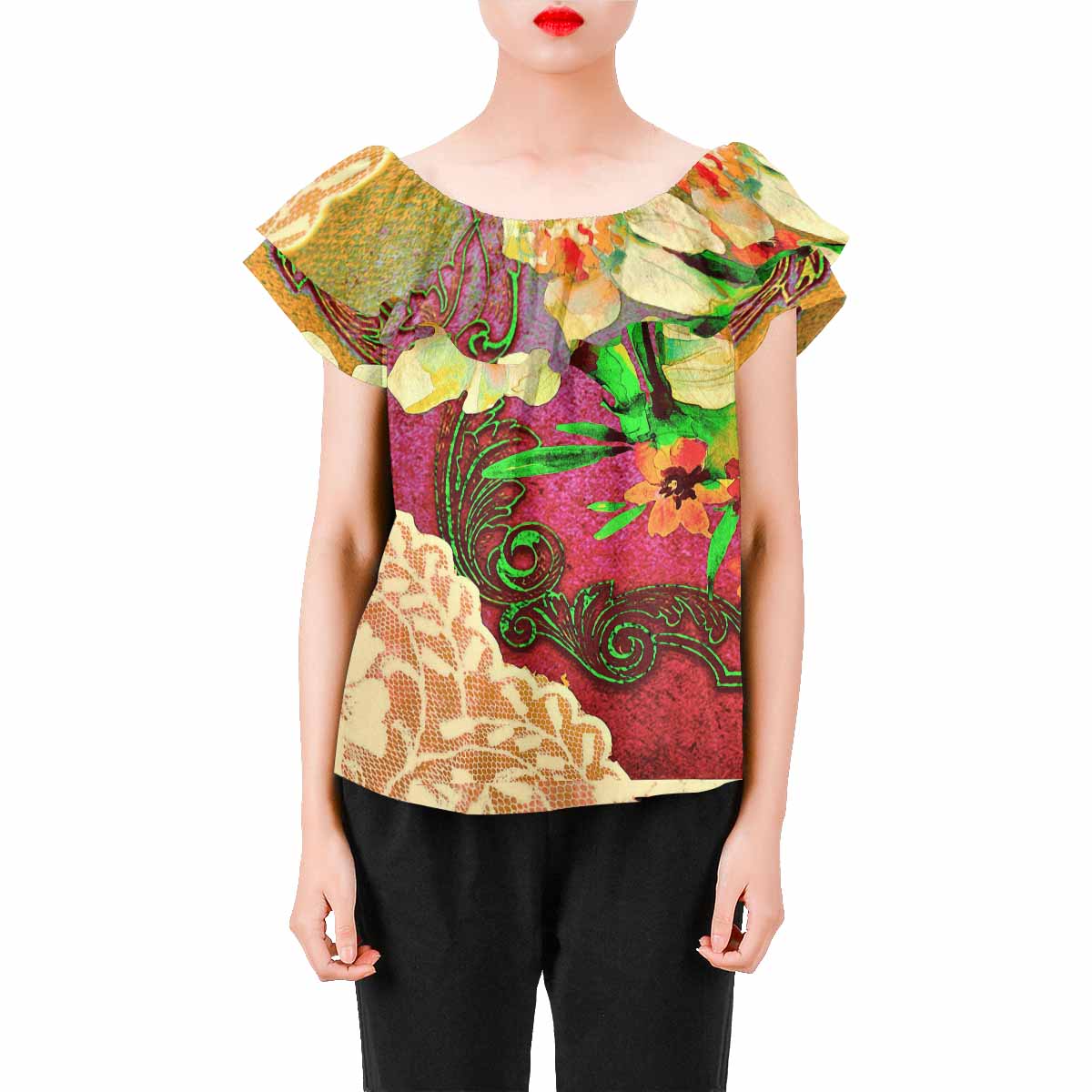 Victorian Lace print Chiffon Blouse, design 48