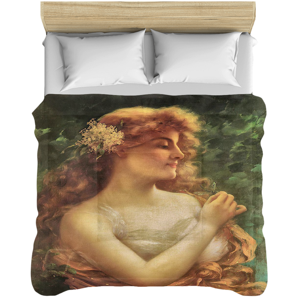 Victorian lady design comforter, twin, twin XL, queen or king, Young Woman with a Dragonfly