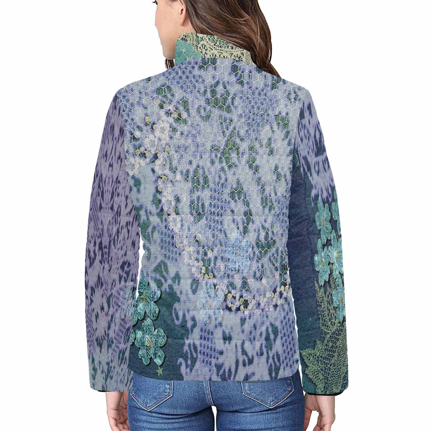 Victorian Lace print womens padded quilted jacket, design 05