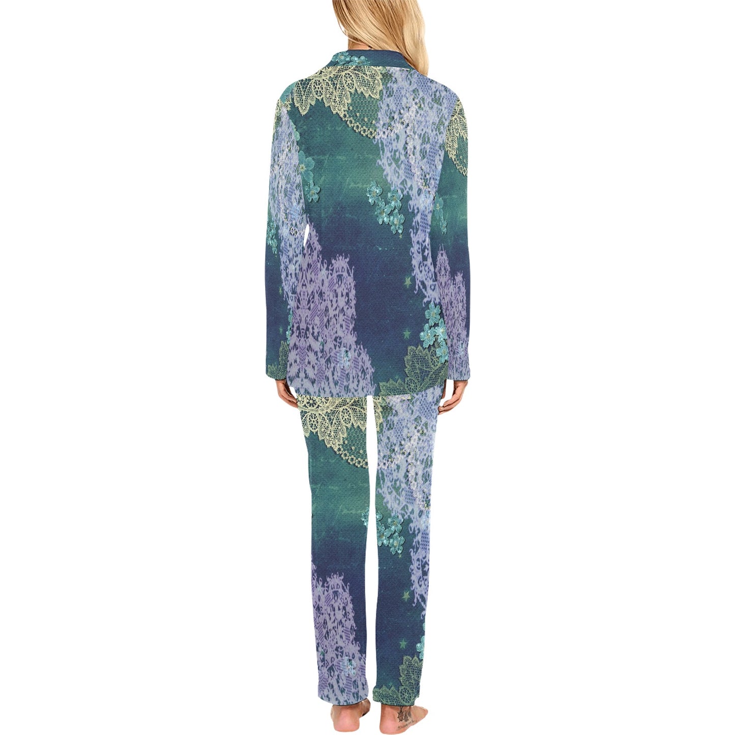 Victorian printed lace pajama set, design 05 Women's Long Pajama Set (Sets 02)