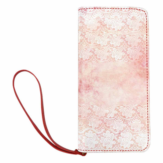 Victorian lace print womens wallet, clutch purse, red trim, design 38