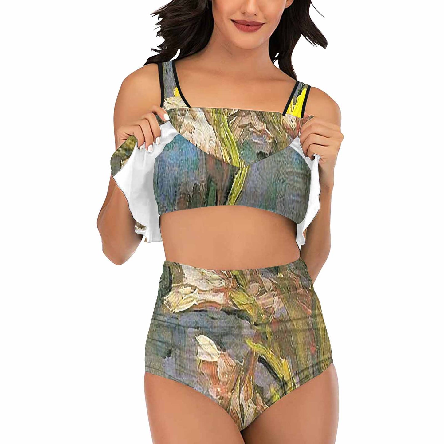 Vintage floral high waisted flounce top bikini, swim wear, Design 59