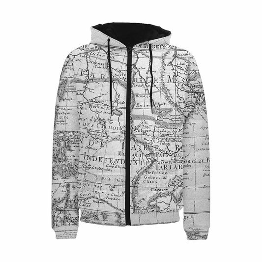 Antique Map design, mens lightweight, warm, quilted hooded bomber jacket, design, 8