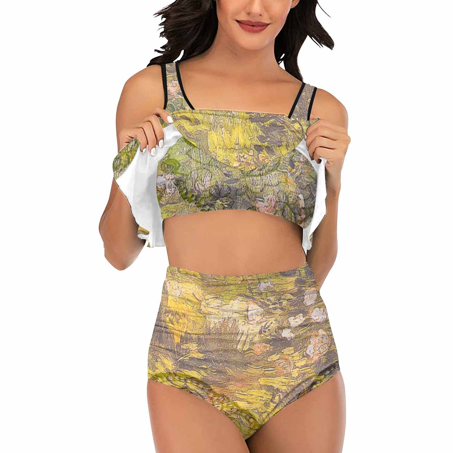 Vintage floral high waisted flounce top bikini, swim wear, Design 05x