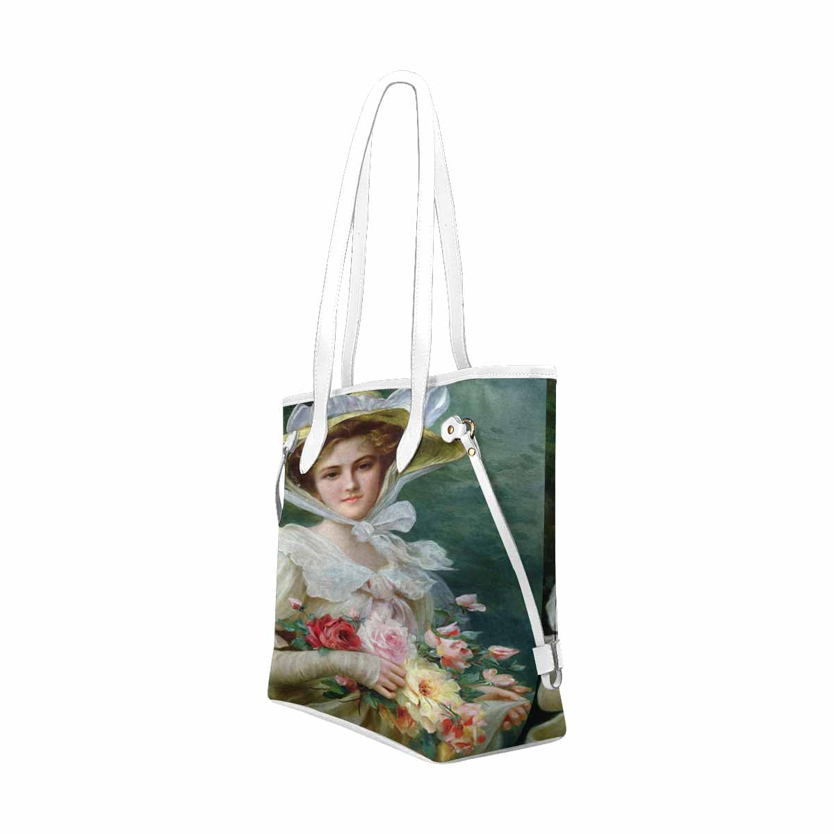 Victorian Lady Design Handbag, Model 1695361, Elegant Lady With A Bouquet of Roses 1, WHITE TRIM