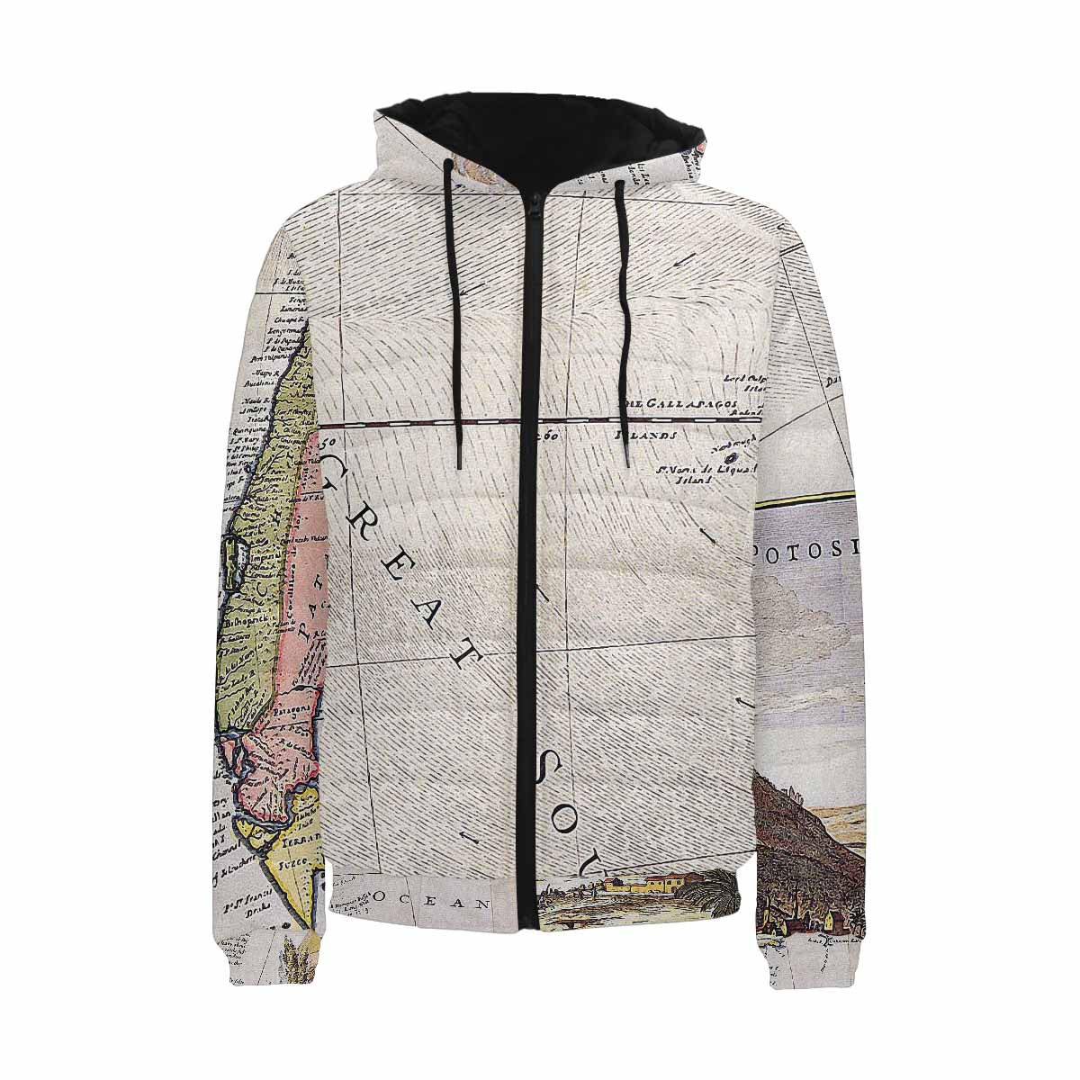 Antique Map design, mens lightweight, warm, quilted hooded bomber jacket, design, 40