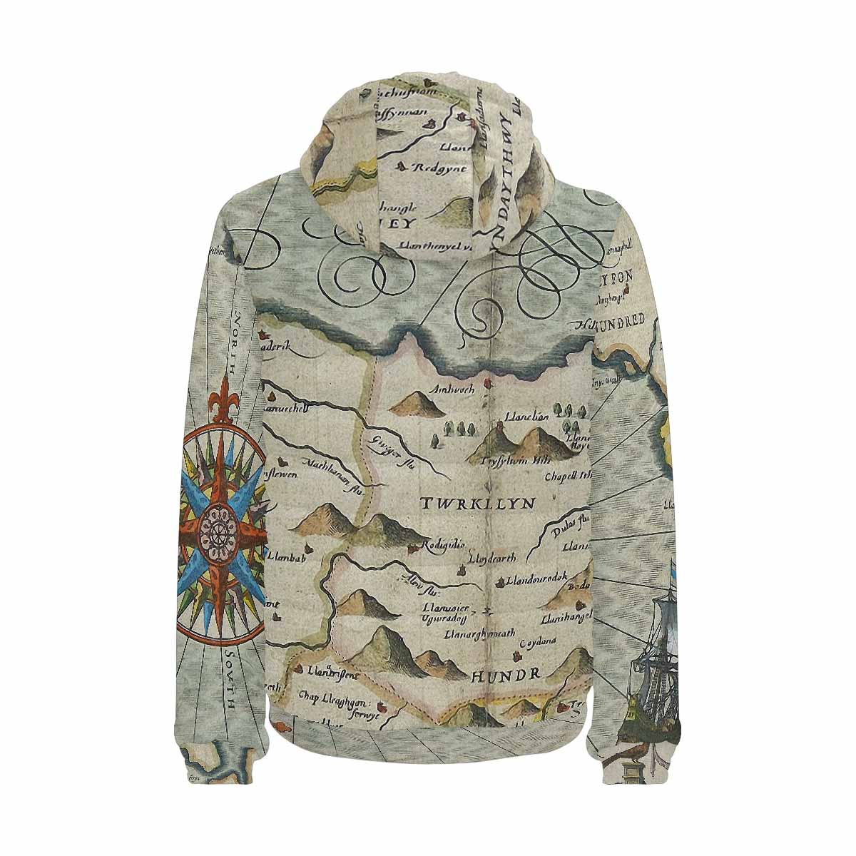 Antique Map design, mens lightweight, warm, quilted hooded bomber jacket, design, 13