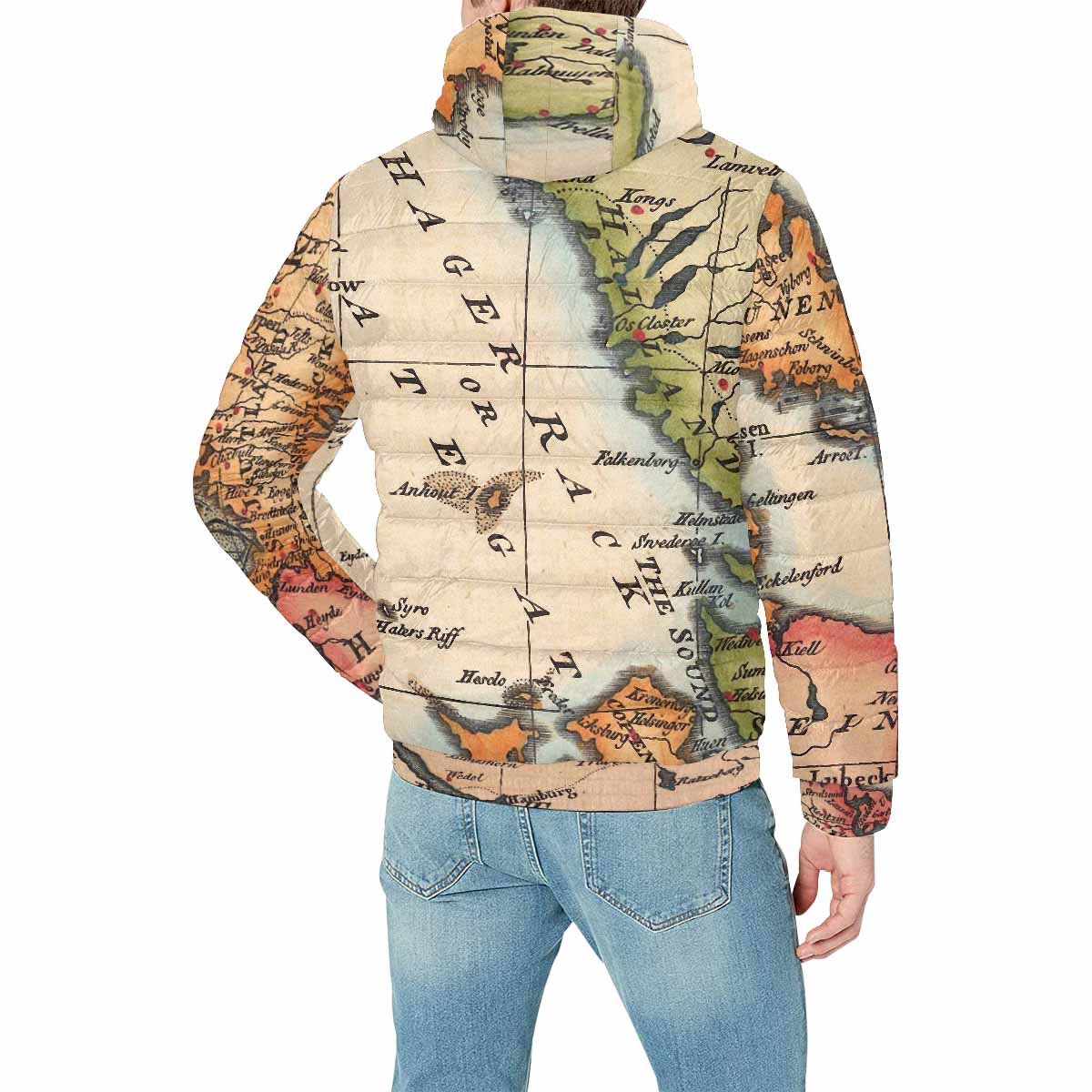 Antique Map design, mens lightweight, warm, quilted hooded bomber jacket, design, 34