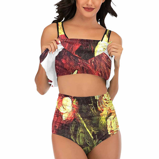 Vintage floral high waisted flounce top bikini, swim wear, Design 27